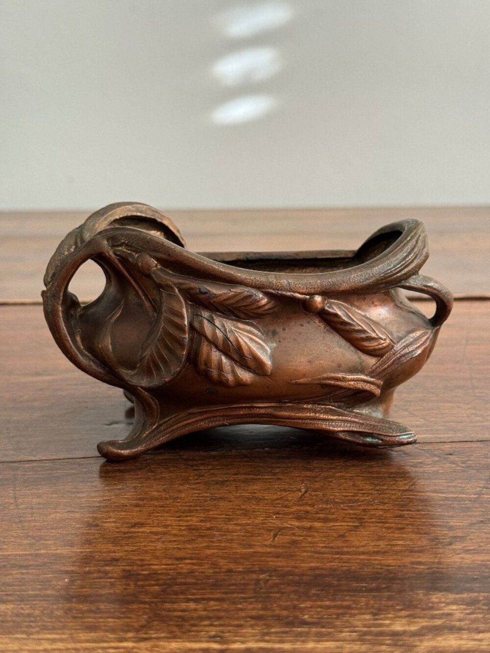 Vintage Art Nouveau Style Ornate Copper-Tone Trinket Dish With Leaf Design